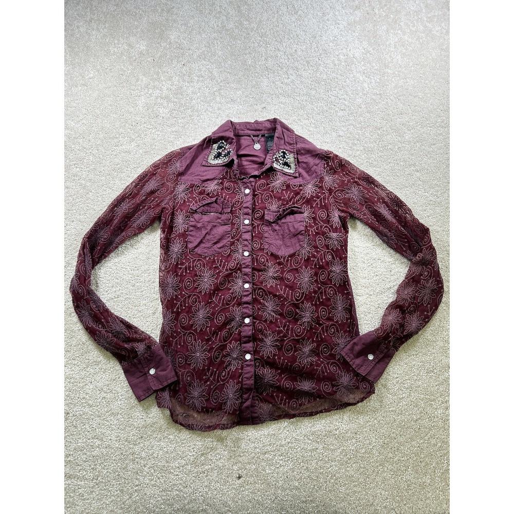 BKE Boutique Shirt Womens Small Sheer Embroidered Mesh Western Bling Collar Top